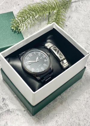 Подарочный набор для мужчины часы и браслет + коробка #23245252